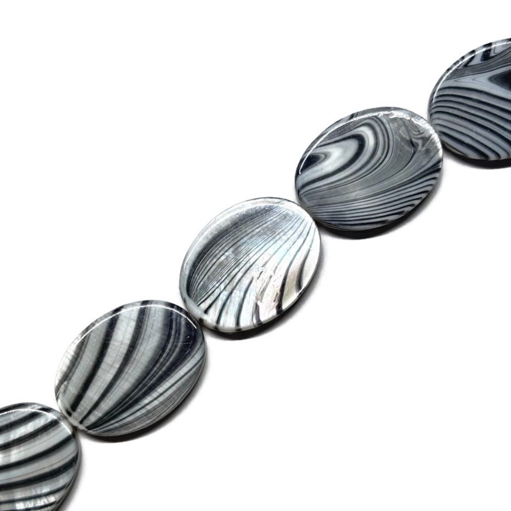 As Low As $2 White Glossy Tiger Stripe Natural Shell Flat Oval Beads 20mm (8)